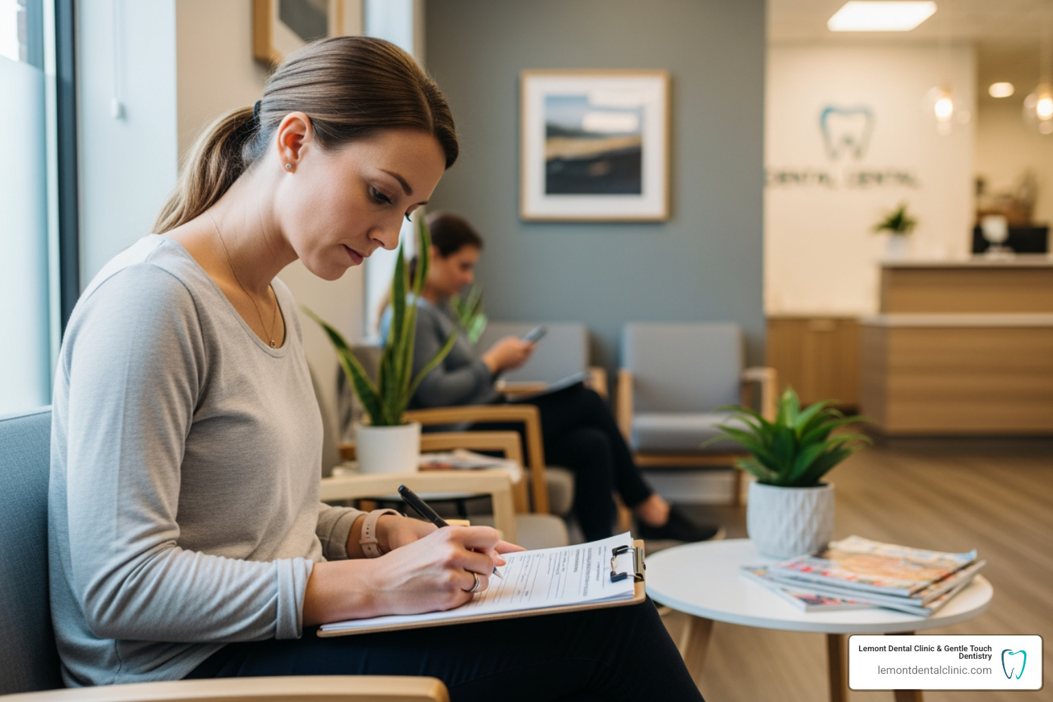 Patient filling out medical history forms at a dental office - Dental Services Patient filling out medical history forms at a dental office - Dental Services