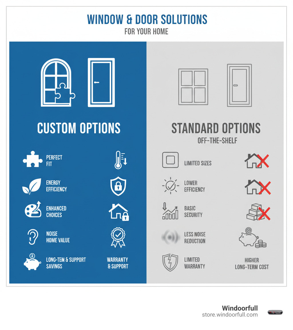 Infographic comparing custom windows and doors versus standard off-the-shelf options, showing benefits including perfect fit for non-standard openings, superior energy efficiency ratings, enhanced security features with multi-point locks, material customization options, increased home value, better noise reduction, warranty coverage, and long-term cost savings - custom windows and doors ozone park infographic Infographic comparing custom windows and doors versus standard off-the-shelf options, showing benefits including perfect fit for non-standard openings, superior energy efficiency ratings, enhanced security features with multi-point locks, material customization options, increased home value, better noise reduction, warranty coverage, and long-term cost savings - custom windows and doors ozone park infographic