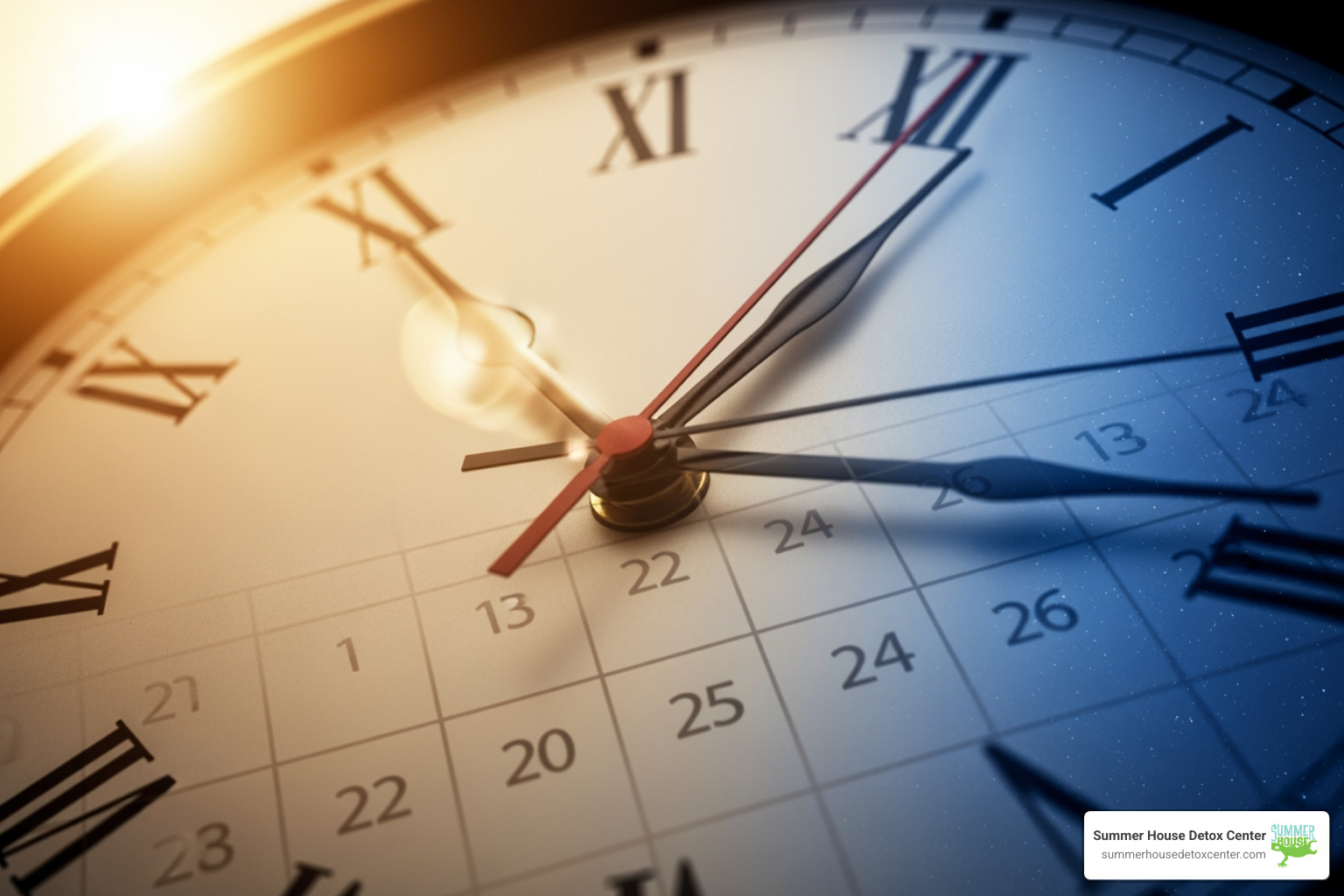 A clock with hands showing different hours and days, symbolizing the progression of the alcohol withdrawal timeline - alcohol withdrawal timeline