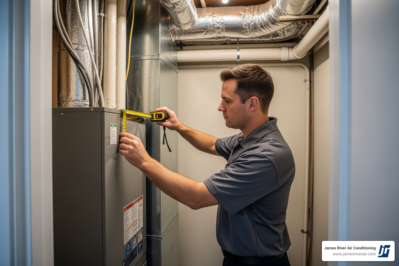 technician measuring a space for a new HVAC unit - affordable heating installation in chester, va technician measuring a space for a new HVAC unit - affordable heating installation in chester, va