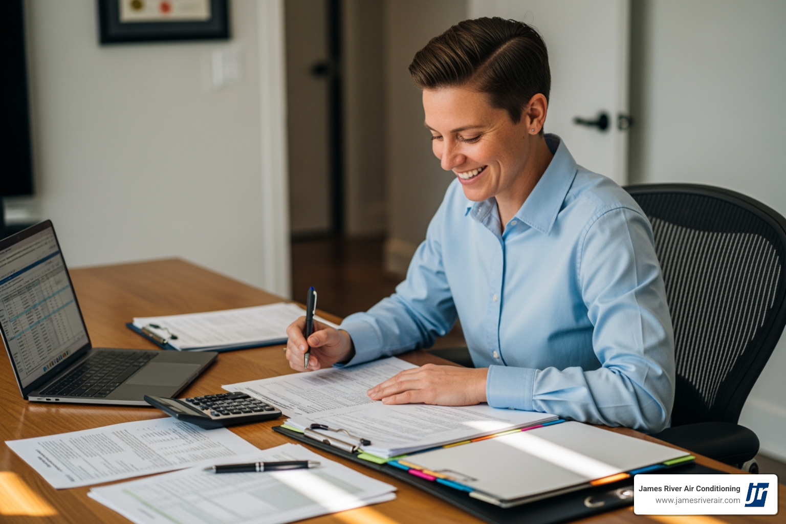 person reviewing financing paperwork with a smile - affordable heating installation in chester, va person reviewing financing paperwork with a smile - affordable heating installation in chester, va