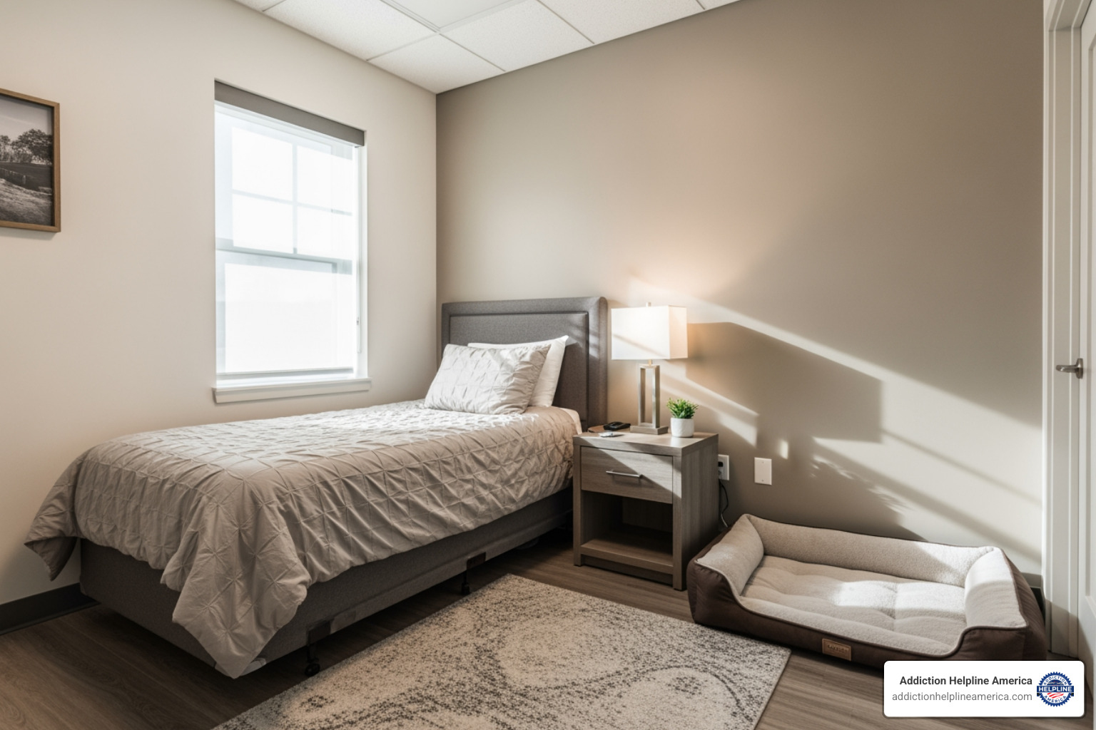 clean, comfortable bedroom in rehab facility with a dog bed - Pet friendly rehab