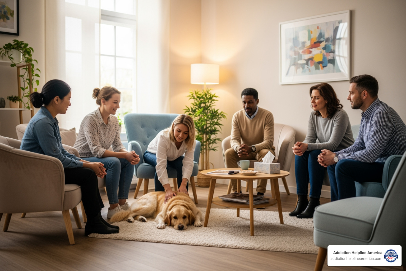 small group therapy session with a calm dog - Pet friendly rehab