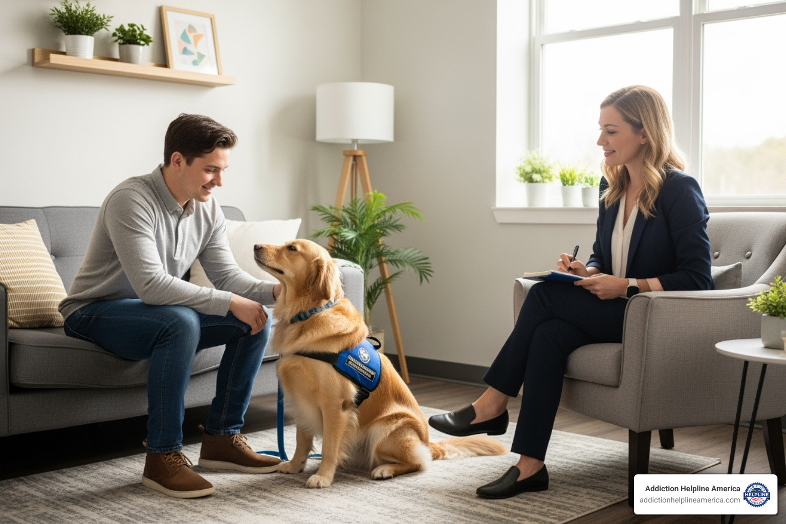 trained therapy dog with patient and therapist - Pet friendly rehab