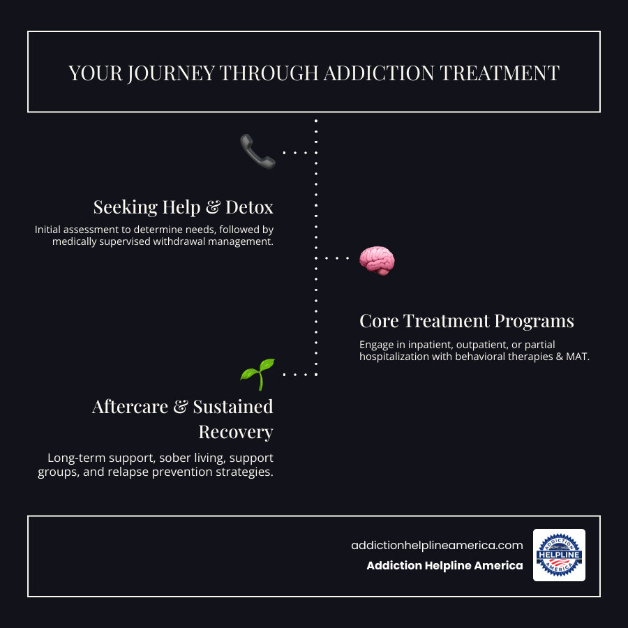 infographic showing the addiction treatment continuum from initial assessment through detox, inpatient or outpatient treatment, medications and therapy, continuing care, and long-term recovery support - addiction treatment programs infographic infographic-line-3-steps-dark