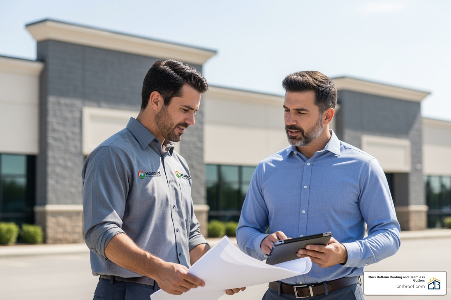 local contractor discussing plans with a business owner on-site - local commercial roofing companies near me