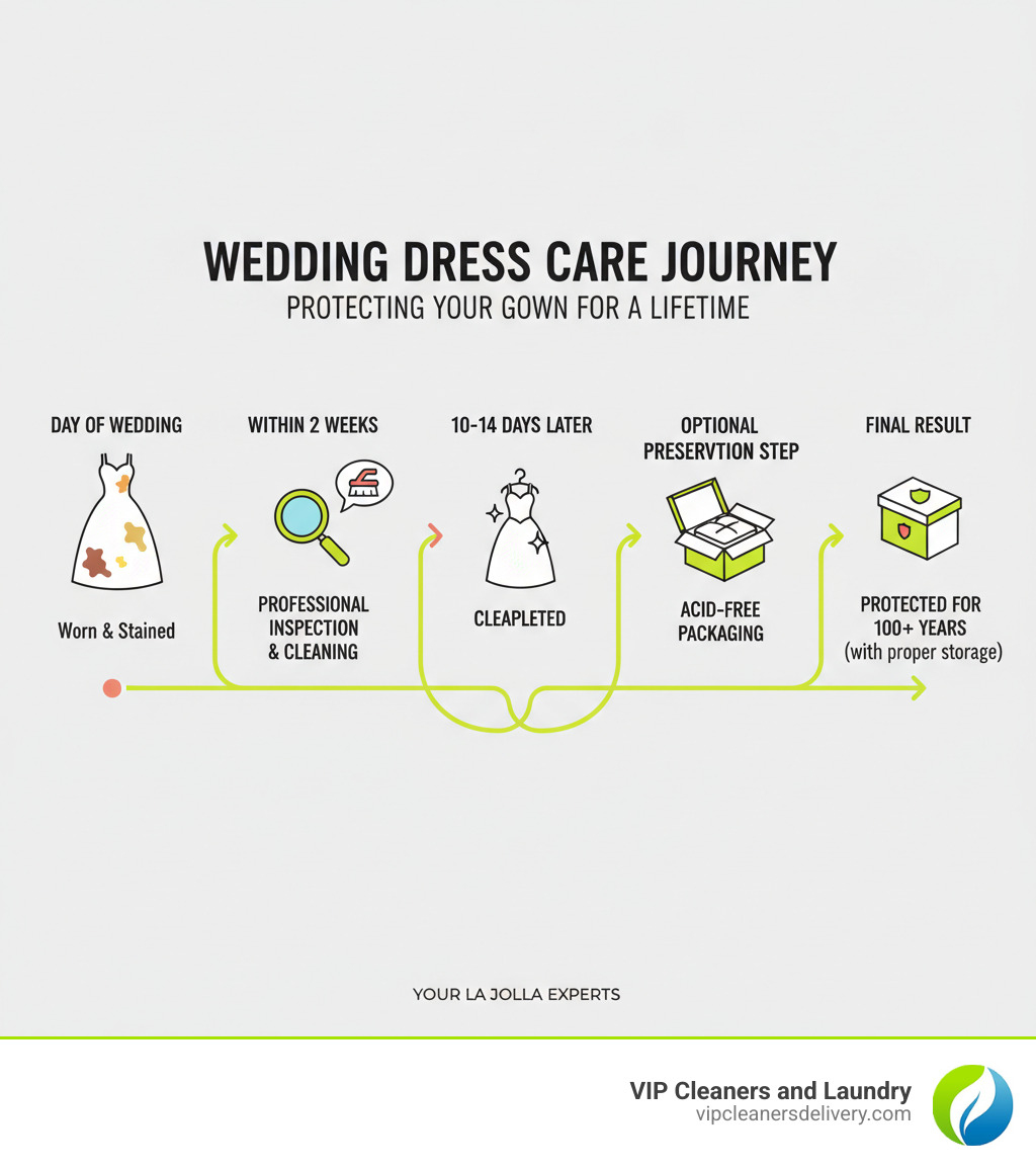 Infographic showing the wedding dress care journey: Day of wedding (dress worn and stained), Within 2 weeks (professional inspection and cleaning recommended), 10-14 days later (cleaning completed), Optional preservation step (acid-free packaging in preservation box), Final result (gown protected for 100+ years with proper storage) - wedding dress cleaning La Jolla infographic 