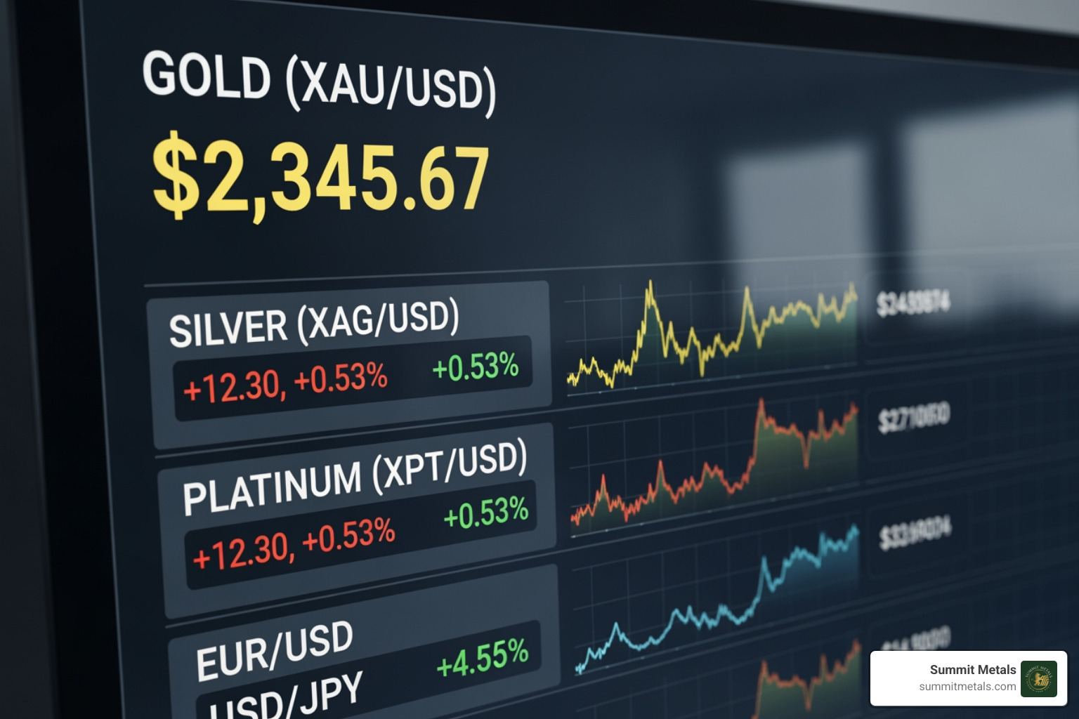 Digital screen displaying live gold price tickers in USD - american gold rate today