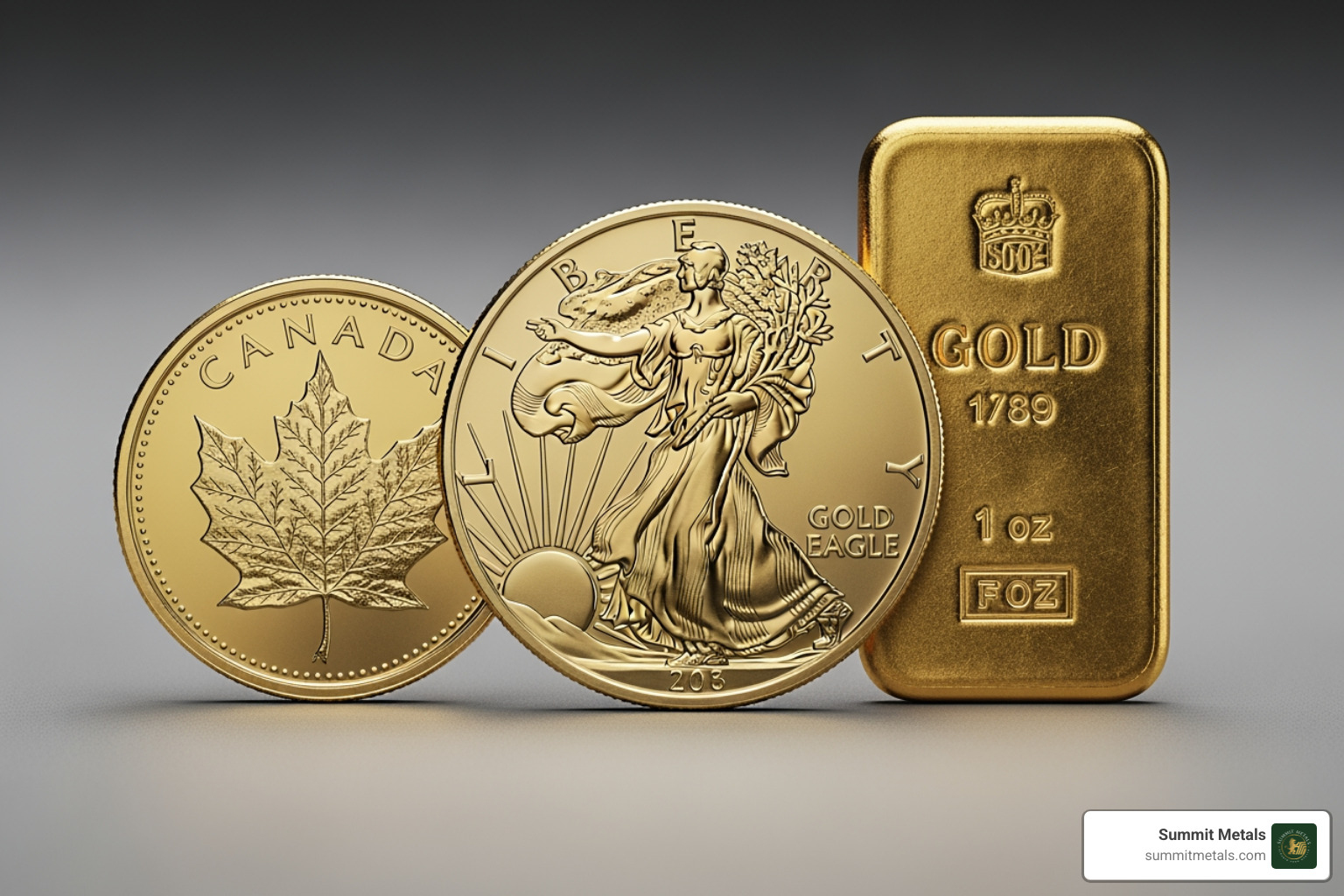 Various gold products including an American Gold Eagle coin, a Canadian Maple Leaf coin, and a 1 oz gold bar - american gold rate today