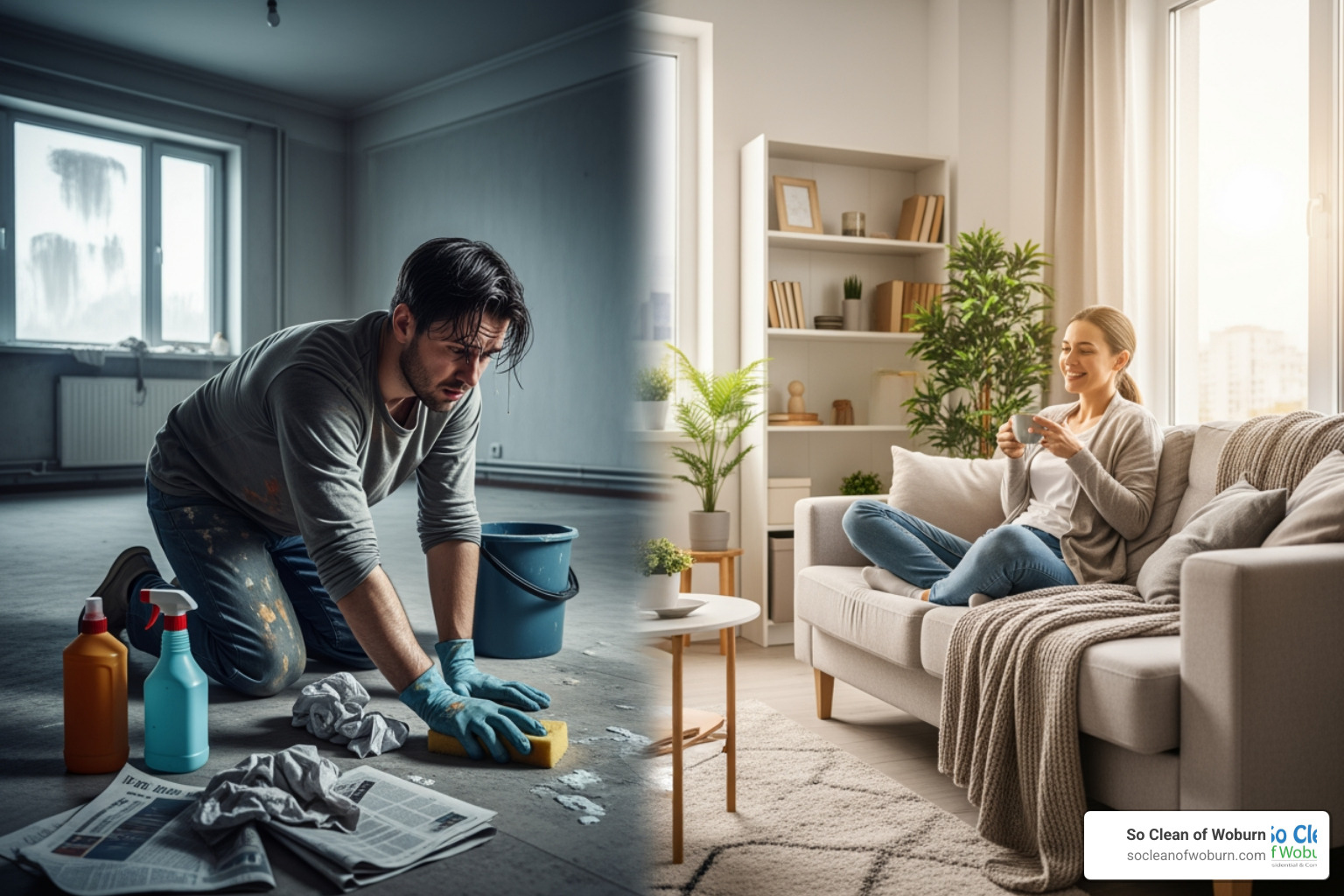 stressed person cleaning vs relaxed person in new home - move out cleaning boston