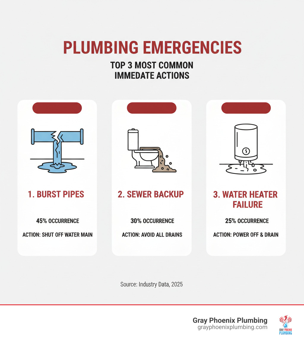 Infographic showing the top 3 most common plumbing emergencies: burst pipes with flooding water, sewer backup with sewage overflow, and water heater failure with leaking tank, each with percentage of occurrence and immediate action required - need a plumber today infographic 