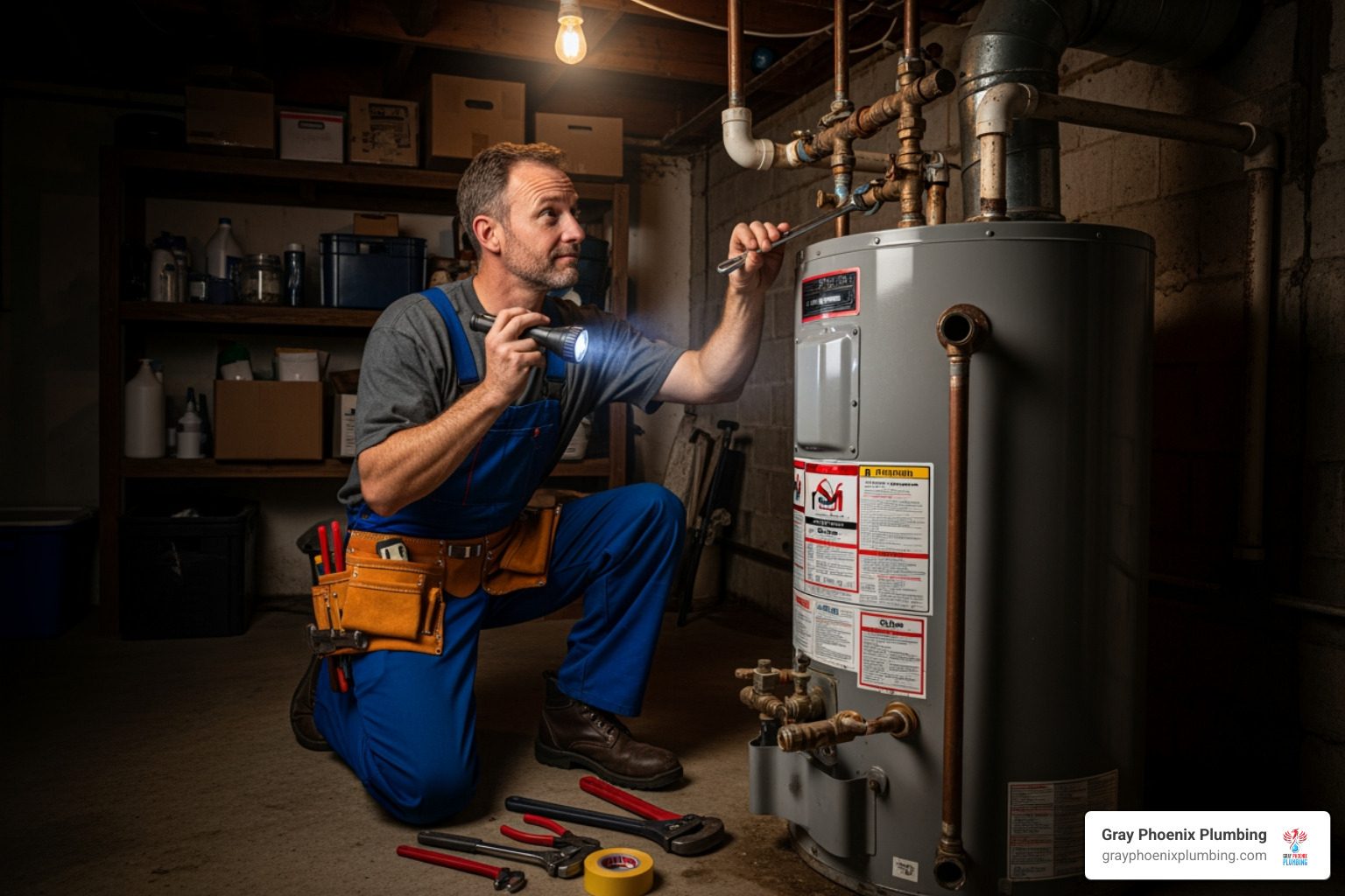 Plumber assessing old water heater - hybrid water heater installation cost