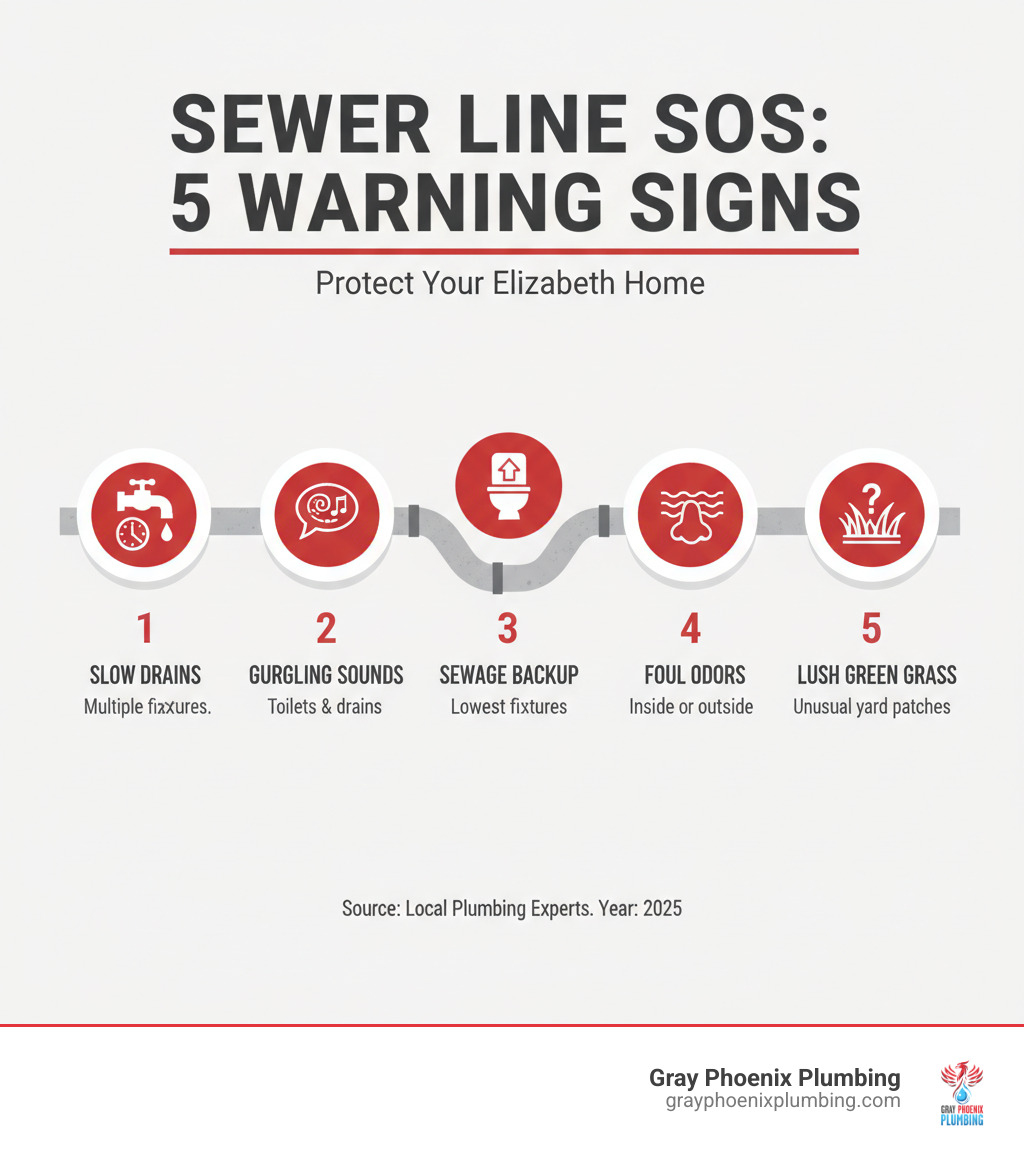 Infographic showing the top 5 signs you have a sewer line problem: 1. Multiple slow drains throughout the home, 2. Gurgling sounds from toilets or drains, 3. Sewage backup in lowest fixtures, 4. Foul sewer odors in or around your home, 5. Unusually green or lush patches of grass in the yard - Sewer line repair Elizabeth infographic 