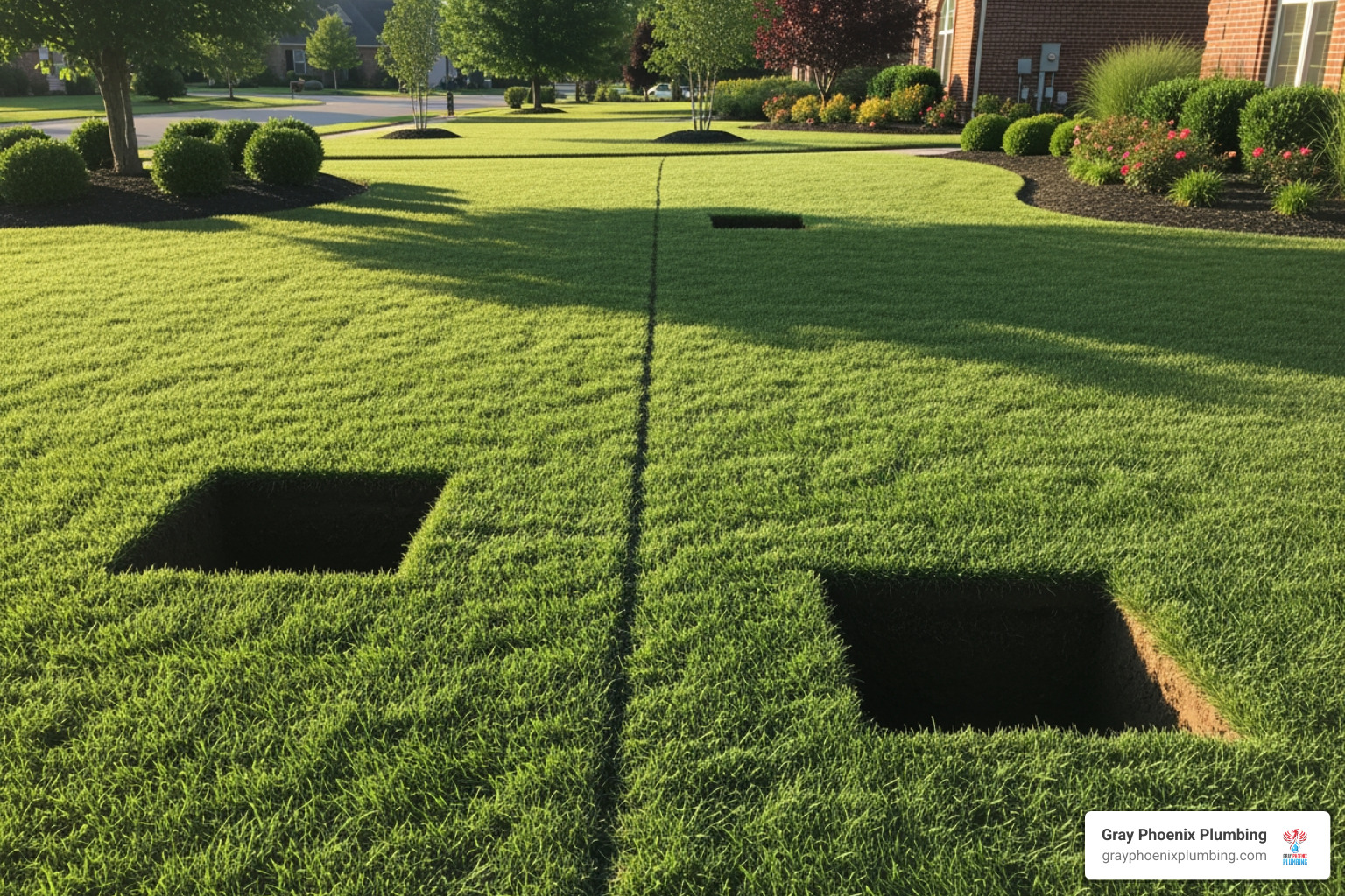 A neat yard with two small access holes for trenchless repair - Sewer line repair Elizabeth