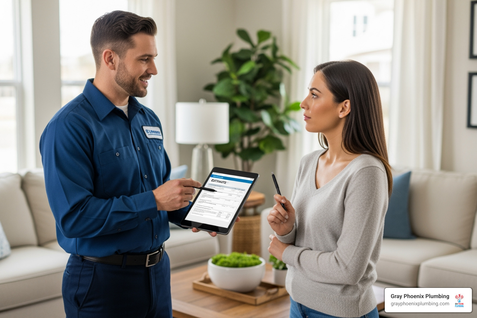of a plumber providing a written estimate to a homeowner - need a plumber today