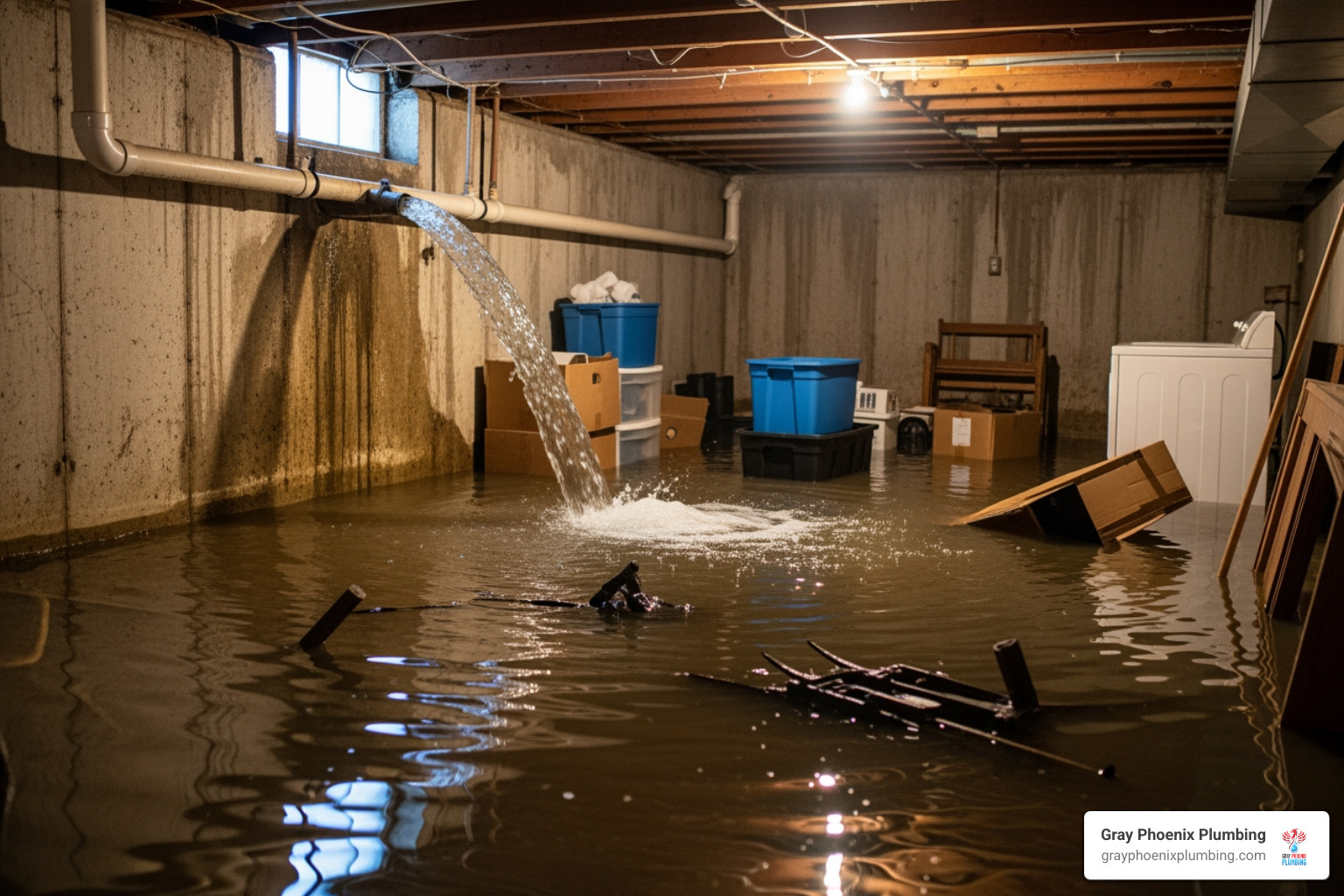 of a flooded basement from a burst pipe - need a plumber today