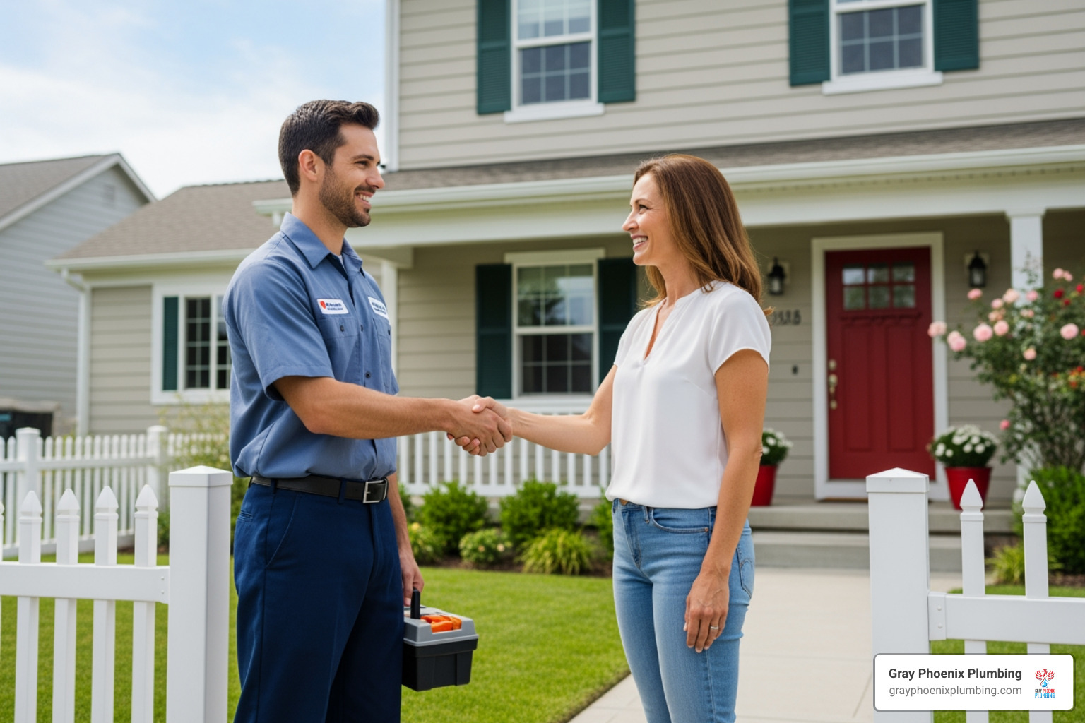 A friendly plumber shaking hands with a satisfied homeowner - Sewer line repair Elizabeth