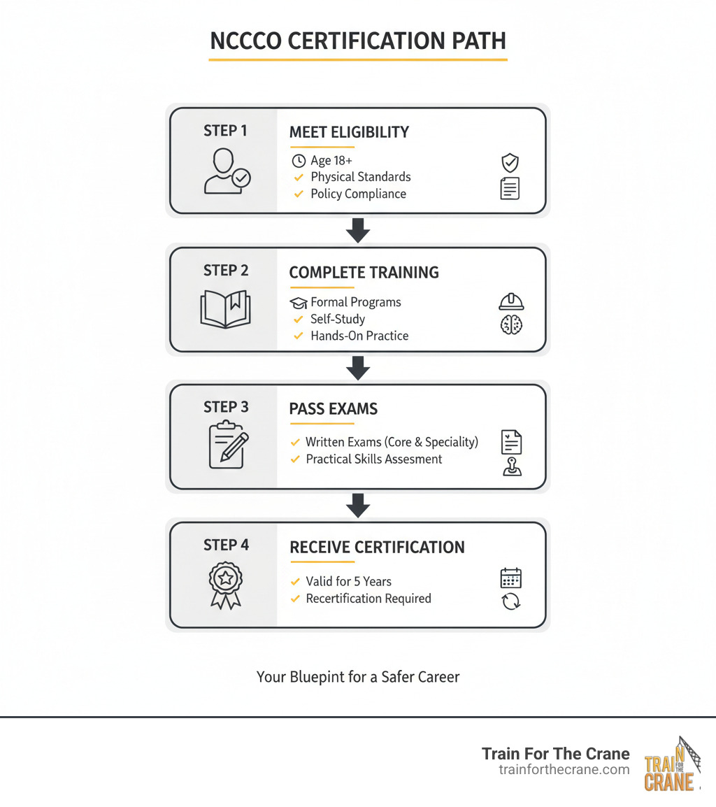 Infographic showing the 4 key steps to becoming NCCCO certified: Step 1 - Meet Eligibility Requirements (age 18+, physical standards, policy compliance), Step 2 - Complete Training (formal programs, self-study, hands-on practice), Step 3 - Pass Written and Practical Exams (core exam, specialty exam, skills assessment), Step 4 - Receive Certification (valid for 5 years, recertification required) - NCCCO certification requirements infographic 