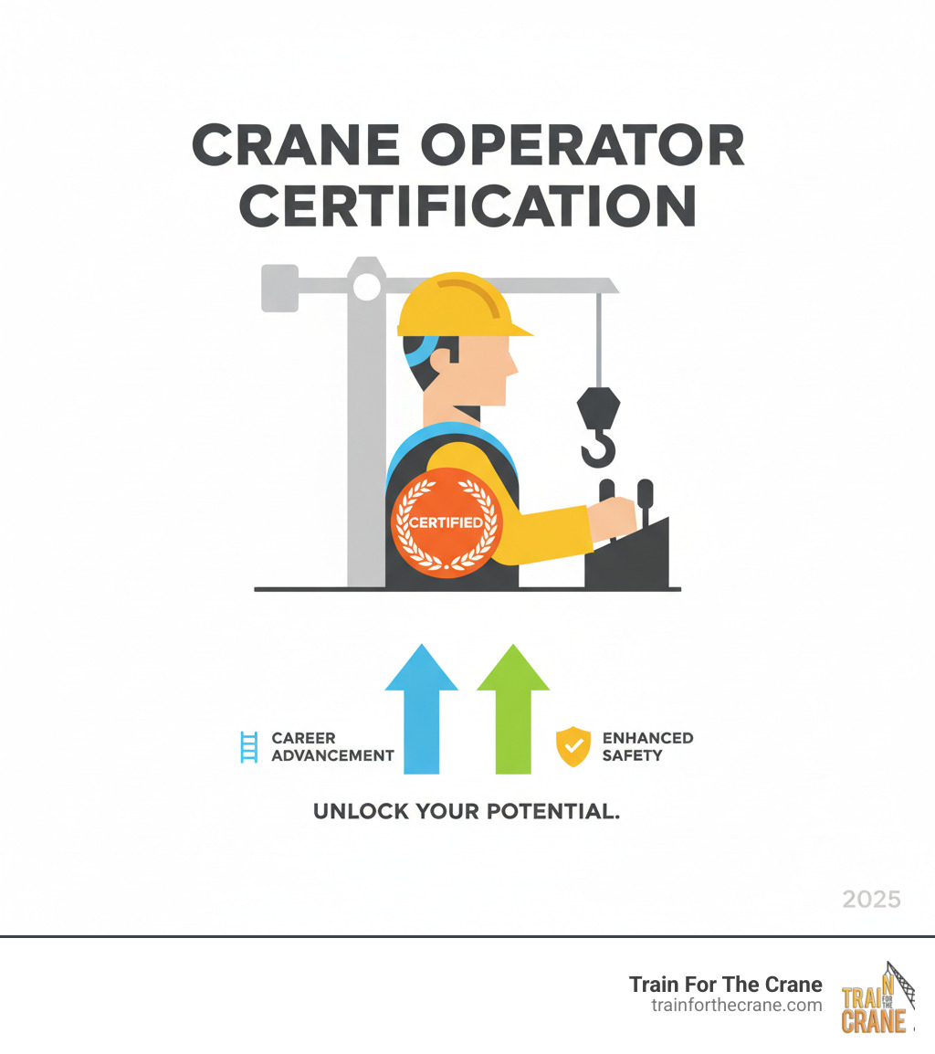 Infographic showing a crane operator with a "Certified" badge, representing career advancement and safety. - NCCCO certification requirements infographic 