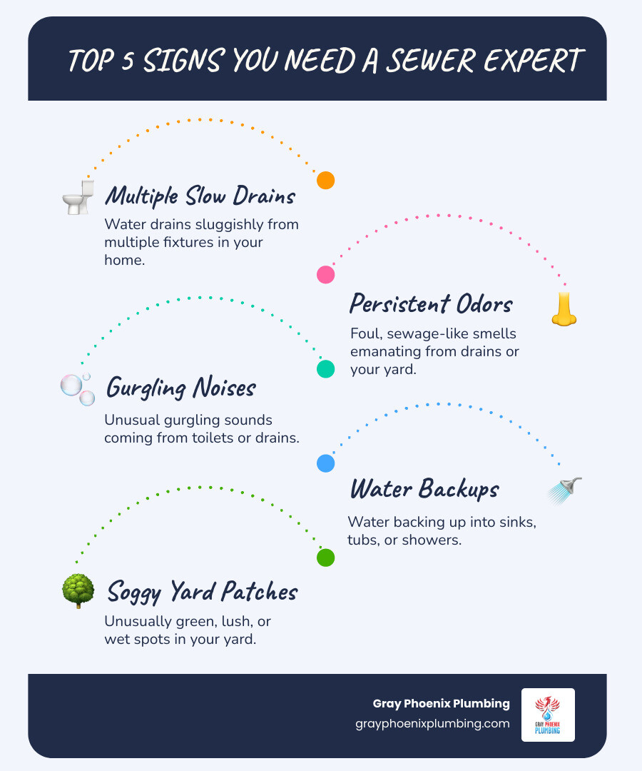 Infographic showing the top 5 signs you need a sewer expert: 1. Multiple slow drains throughout your home, 2. Persistent sewage odors indoors or outdoors, 3. Gurgling sounds from toilets or drains, 4. Water backing up into sinks, tubs, or showers, 5. Unusually green or soggy patches in your yard - sewer experts near me infographic infographic-line-5-steps-blues-accent_colors