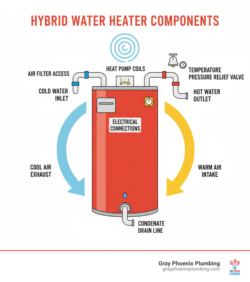 infographic showing hybrid water heater components including heat pump coils at top, air filter access, cold water inlet with blue marking, hot water outlet, electrical connections, condensate drain line, and temperature pressure relief valve, with arrows indicating cool air exhaust and warm air intake - hybrid water heater installation infographic infographic showing hybrid water heater components including heat pump coils at top, air filter access, cold water inlet with blue marking, hot water outlet, electrical connections, condensate drain line, and temperature pressure relief valve, with arrows indicating cool air exhaust and warm air intake - hybrid water heater installation infographic