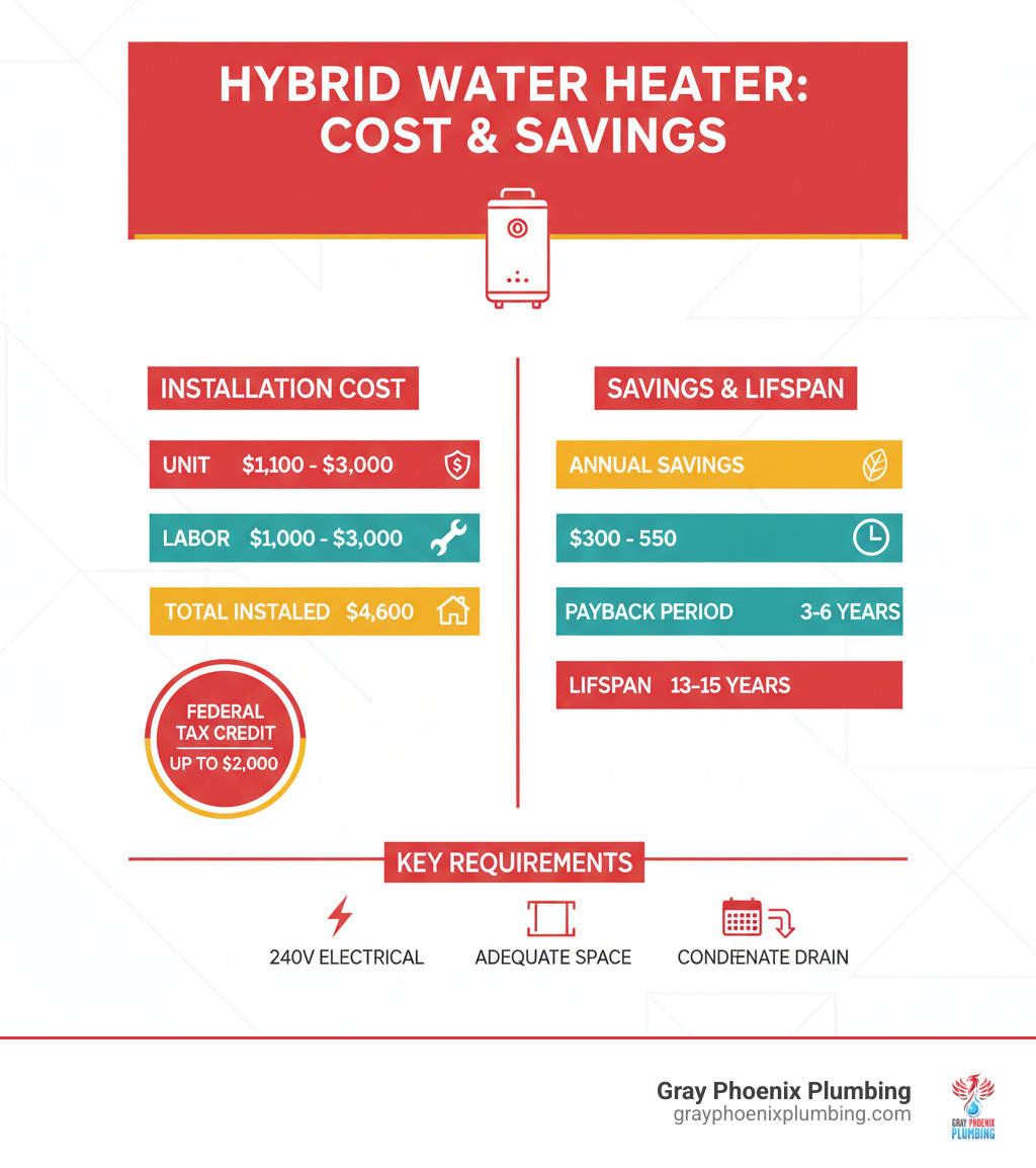 Infographic showing hybrid water heater installation cost breakdown: unit cost $1,100-$3,000, labor $1,000-$3,000, total installed $2,000-$4,600, federal tax credit up to $2,000, annual savings $300-$550, payback period 3-6 years, lifespan 13-15 years, and key installation requirements including 240V electrical, adequate space, and condensate drain - hybrid water heater installation cost infographic 