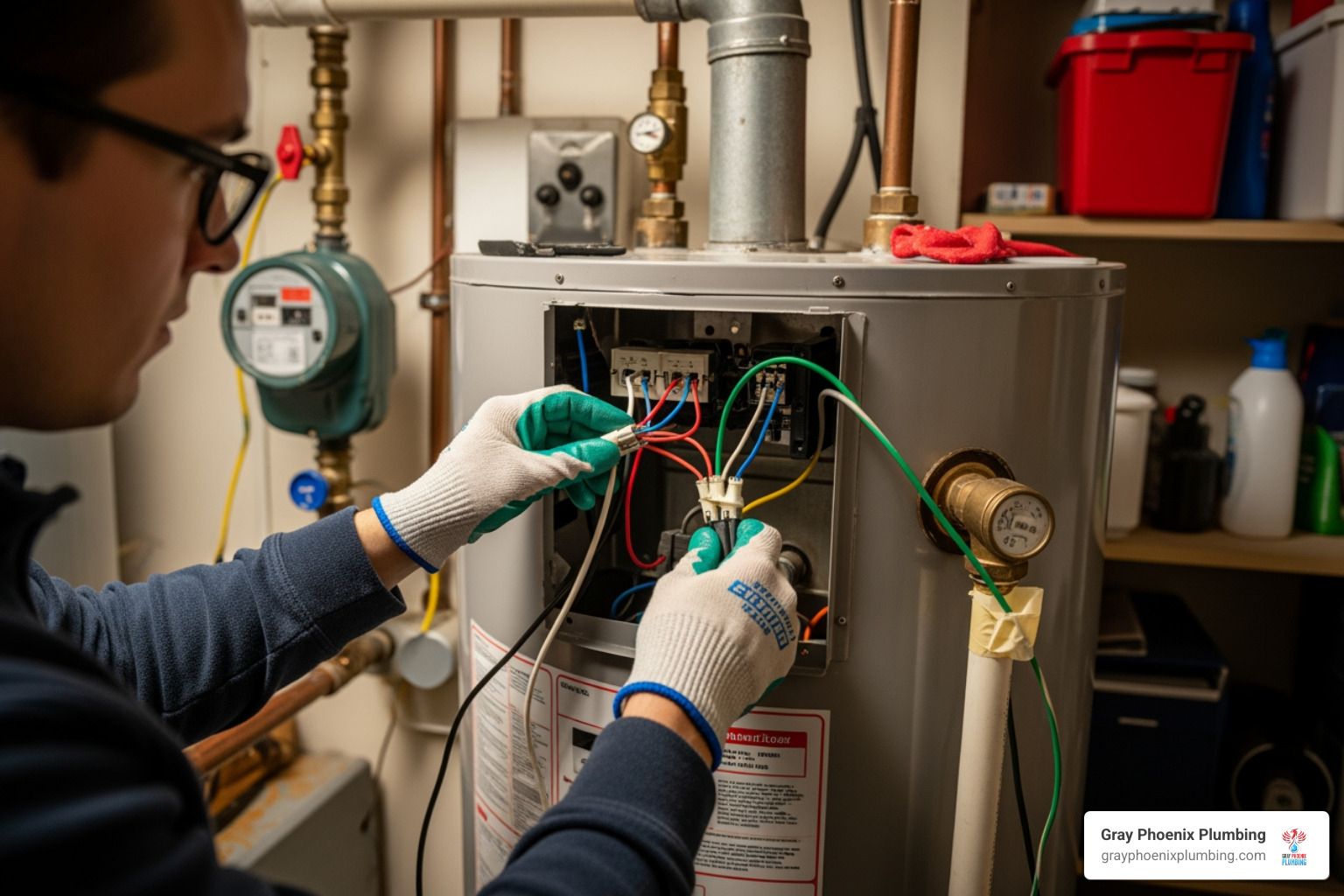 person safely disconnecting old water heater with power off - hybrid water heater installation person safely disconnecting old water heater with power off - hybrid water heater installation