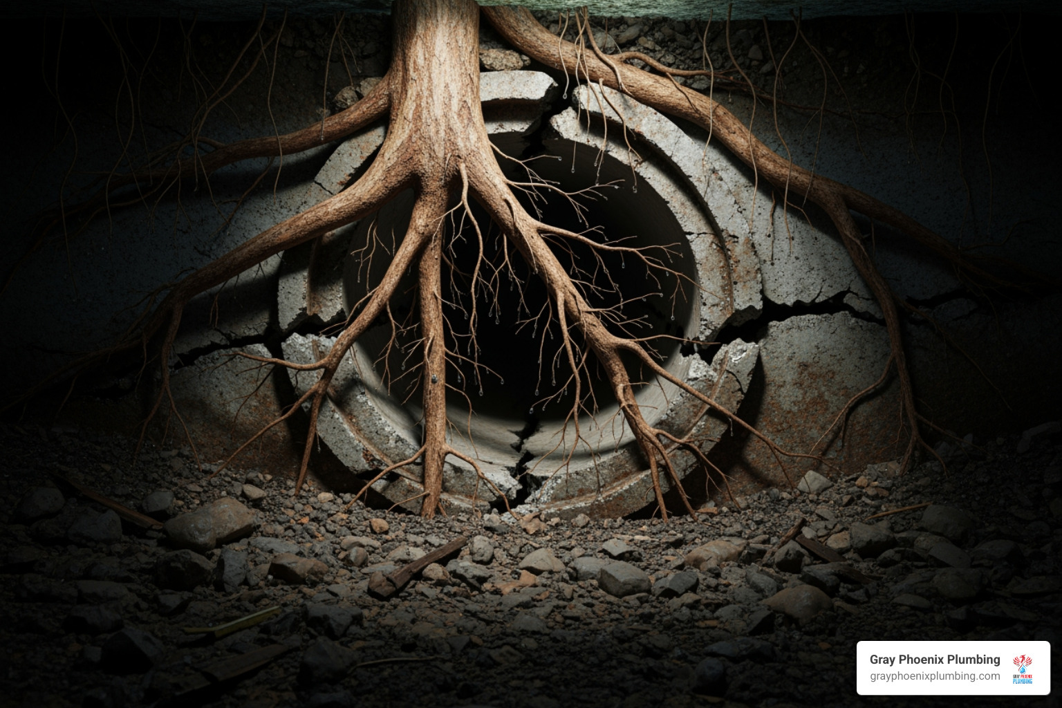 tree roots breaking through a sewer pipe - sewer experts near me