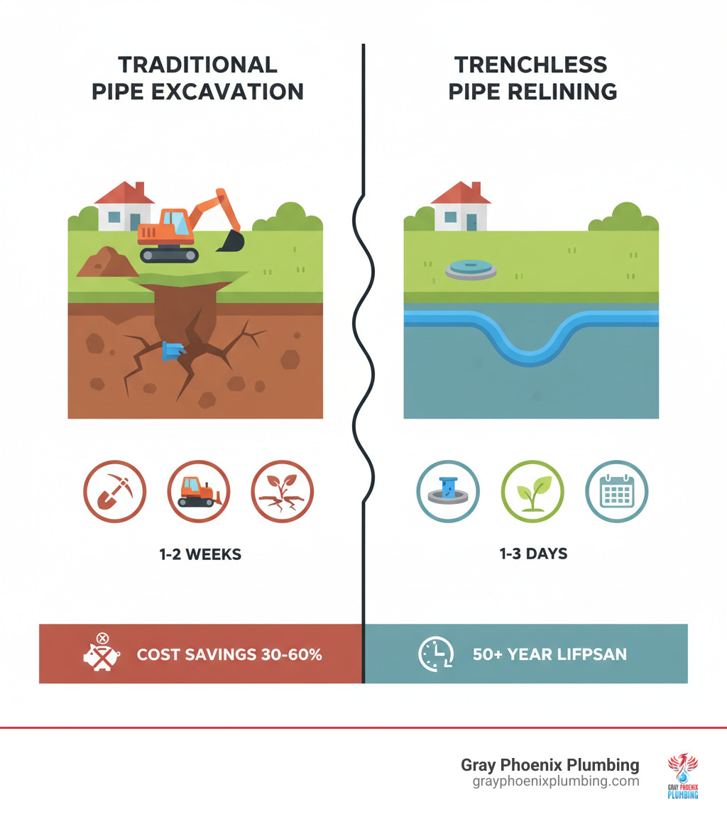 Infographic comparing traditional pipe excavation vs. trenchless pipe relining, showing excavation requiring large trenches, heavy machinery, landscape destruction, and 1-2 weeks timeline versus pipe relining requiring only small access points, no digging, preserved landscaping, and 1-3 days timeline, with cost savings of 30-60% and 50+ year lifespan for relined pipes - pipe relining near me infographic 
