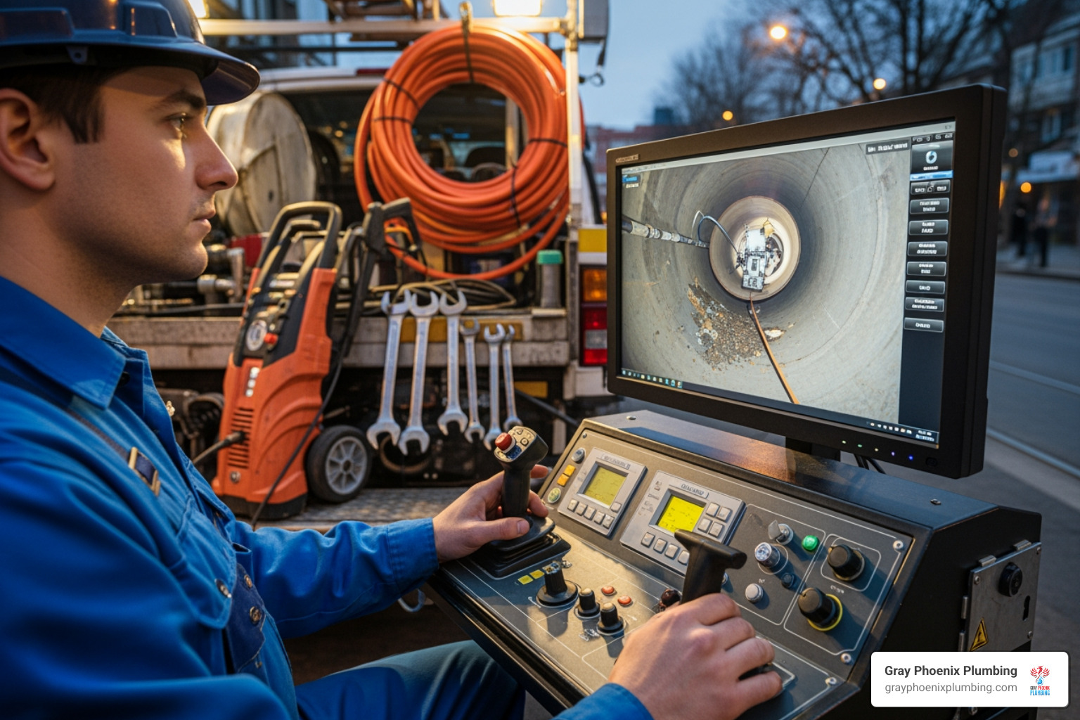 technician operating a CCTV sewer inspection camera on a monitor - pipe relining near me