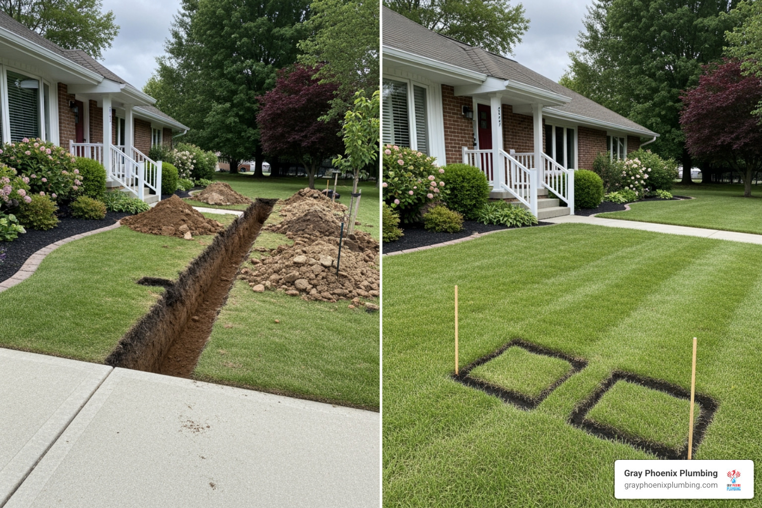 Side-by-side comparison of a yard destroyed by traditional trenching versus a yard with two small access points for trenchless relining, highlighting the minimal impact on landscaping - sewer relining near me Side-by-side comparison of a yard destroyed by traditional trenching versus a yard with two small access points for trenchless relining, highlighting the minimal impact on landscaping - sewer relining near me