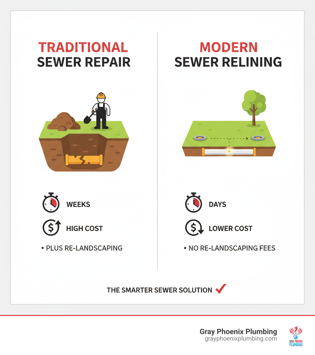 Infographic comparing traditional sewer repair with deep trench excavation versus modern sewer relining with only two small access points, showing yard intact, timeline comparison of weeks vs days, and cost breakdown including no re-landscaping expenses - sewer relining near me infographic Infographic comparing traditional sewer repair with deep trench excavation versus modern sewer relining with only two small access points, showing yard intact, timeline comparison of weeks vs days, and cost breakdown including no re-landscaping expenses - sewer relining near me infographic
