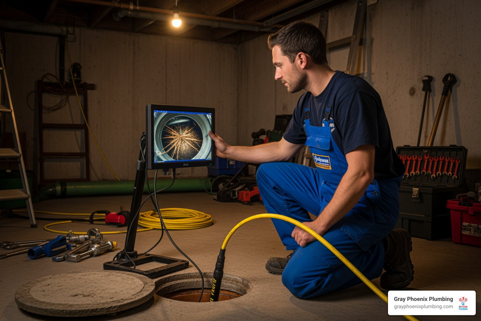 Technician operating a sewer camera monitor - sewer relining near me Technician operating a sewer camera monitor - sewer relining near me