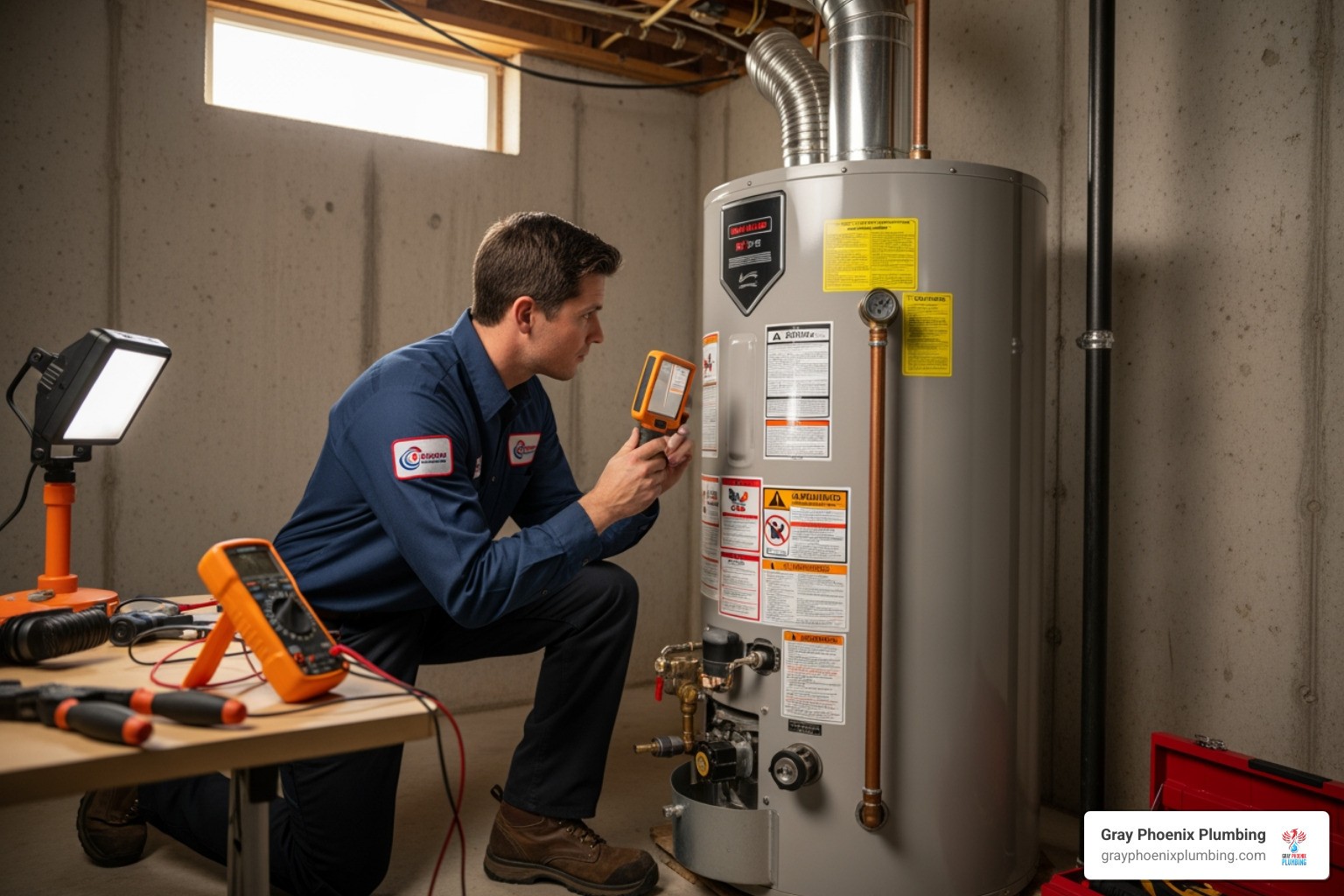 Technician inspecting a gas water heater - Water heater repair Elizabeth Technician inspecting a gas water heater - Water heater repair Elizabeth