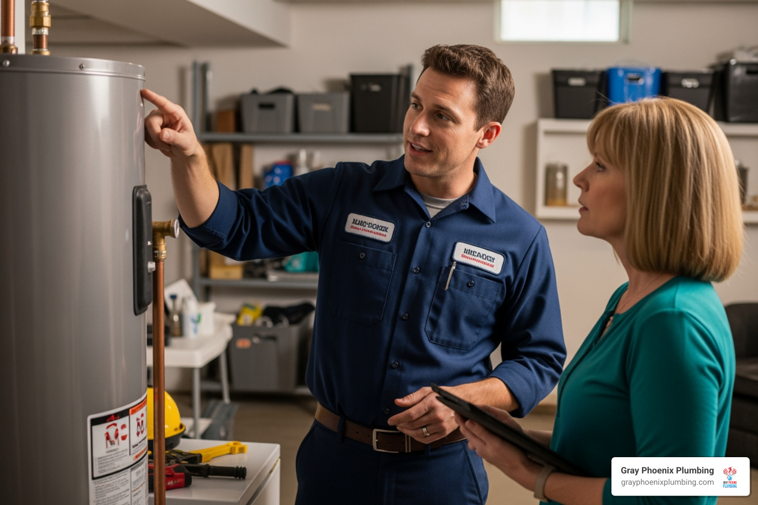 Technician explaining a repair to a homeowner - Water heater repair Elizabeth Technician explaining a repair to a homeowner - Water heater repair Elizabeth