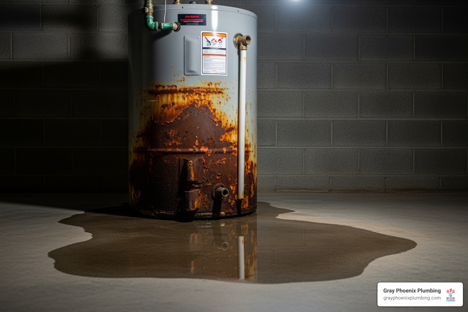 Water heater with visible rust and a small puddle on the floor - Water heater repair Elizabeth Water heater with visible rust and a small puddle on the floor - Water heater repair Elizabeth
