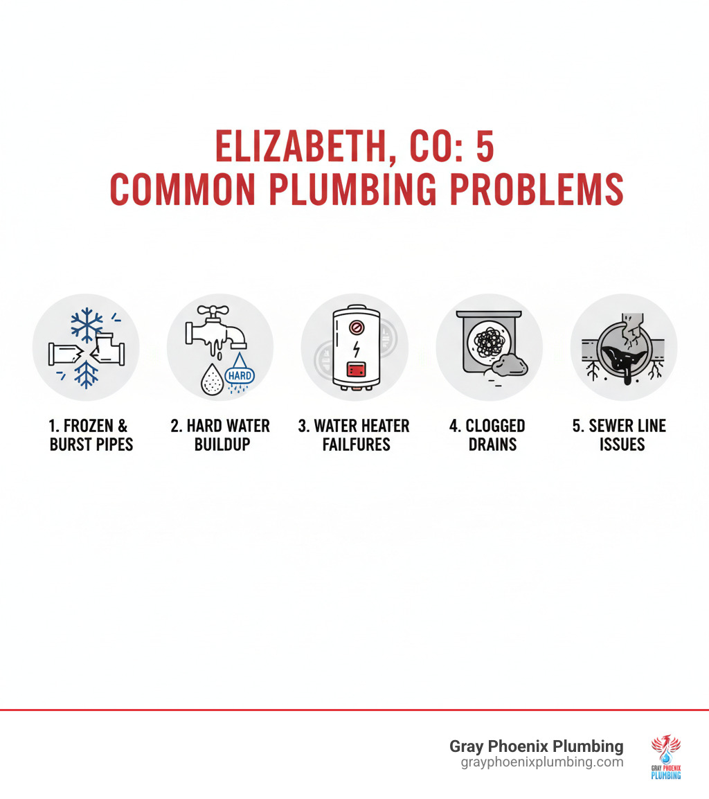 Infographic showing the 5 most common plumbing problems Elizabeth homeowners face: 1. Frozen and burst pipes during winter months, 2. Hard water buildup damaging fixtures and appliances, 3. Water heater failures in older homes, 4. Clogged drains from hair and grease, 5. Sewer line issues in properties with aging infrastructure - plumbing services Elizabeth CO infographic 