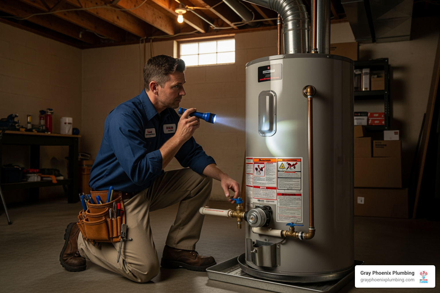 plumber inspecting a water heater - plumbing services Elizabeth CO
