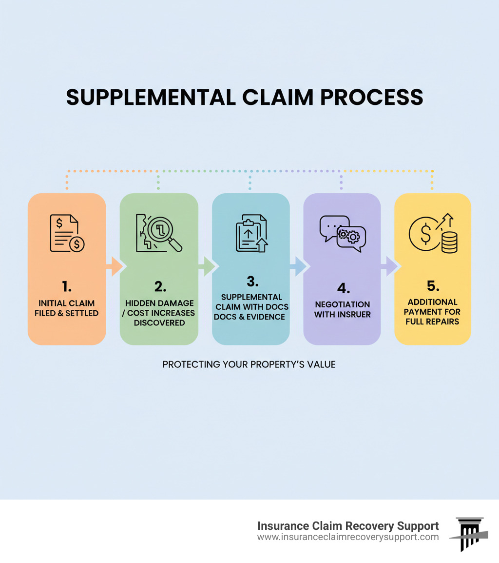 Infographic showing the supplemental claim process: Initial claim filed and settled, hidden damage or cost increases discovered during repairs, supplemental claim filed with documentation and evidence, negotiation with insurer, additional payment issued to cover full repair costs - supplement claim infographic 
