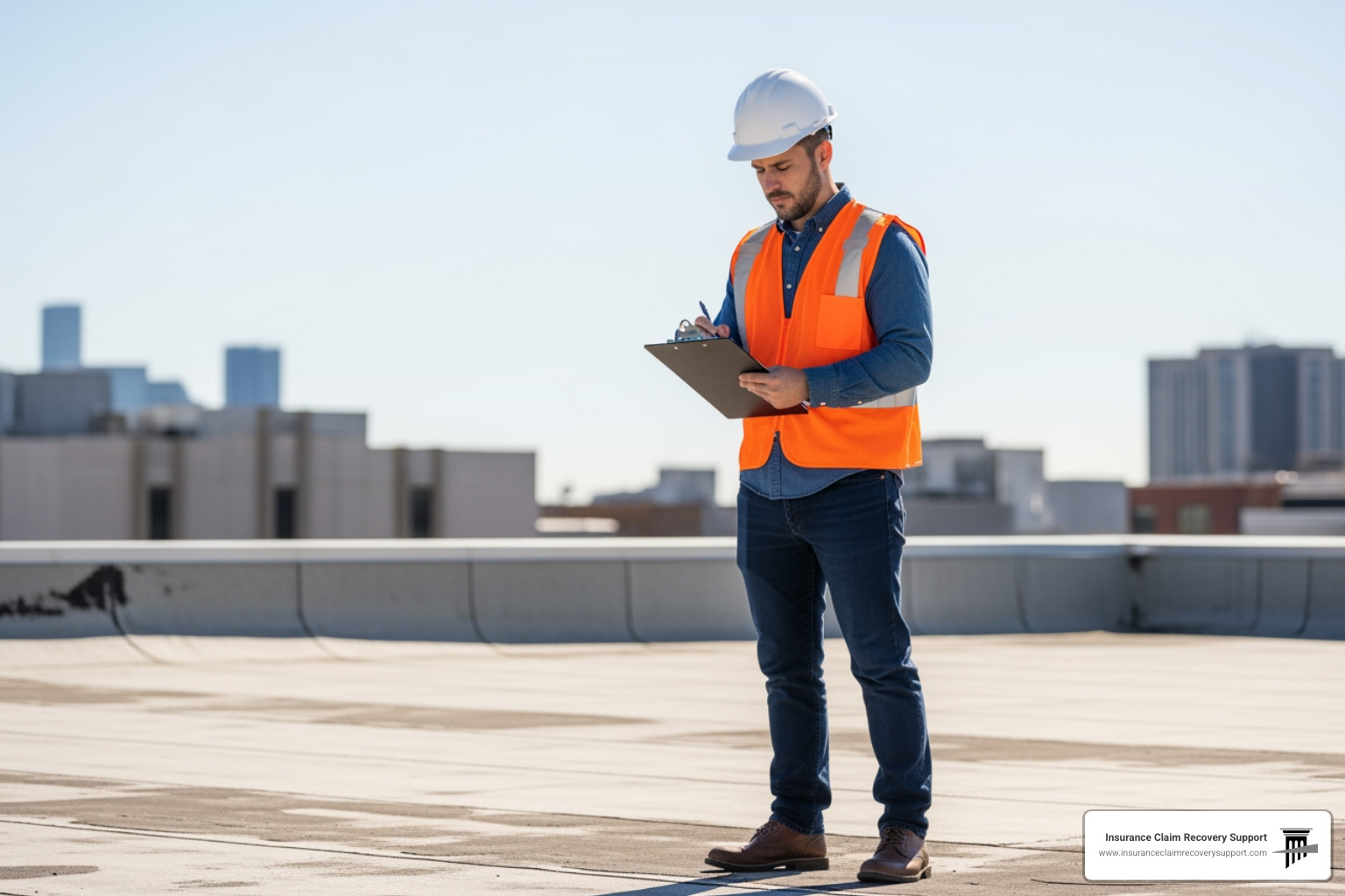 public adjuster inspecting damage on a commercial roof with a clipboard - supplement claim