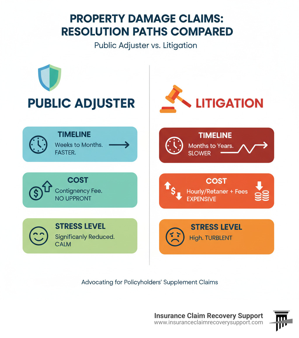 Infographic comparing the typical timeline, cost, and stress levels for property damage claims resolved by a Public Adjuster versus those resolved through litigation. - supplement claim infographic 