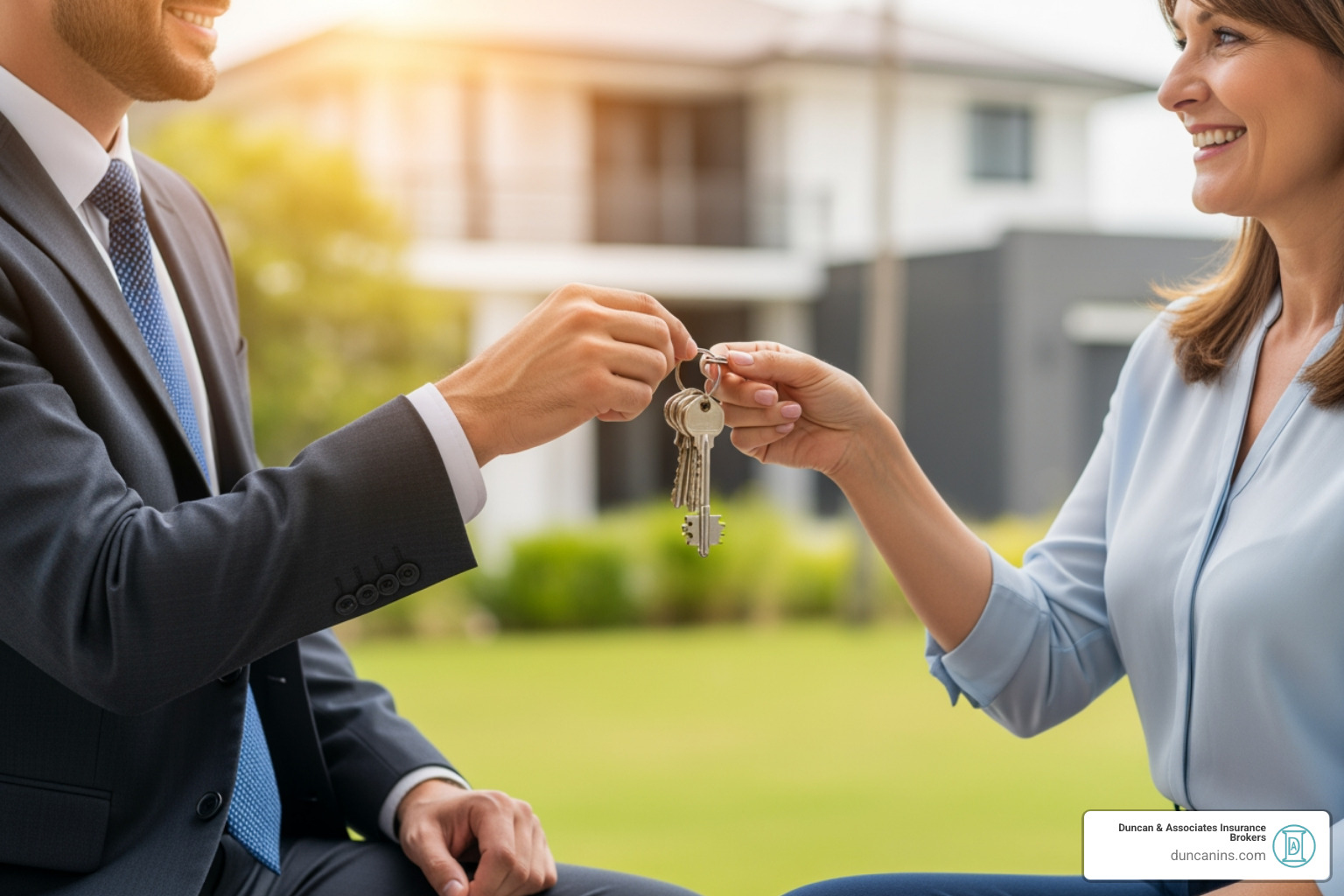 person handing keys to new homeowner - vacant property insurance