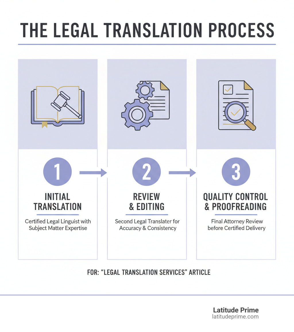 infographic showing the legal translation process with three main steps: 1) Initial Translation by certified legal linguist with subject matter expertise, 2) Review and Editing by second legal translator for accuracy and consistency, 3) Quality Control and Proofreading with final attorney review before certified delivery - Legal Translation Services infographic infographic showing the legal translation process with three main steps: 1) Initial Translation by certified legal linguist with subject matter expertise, 2) Review and Editing by second legal translator for accuracy and consistency, 3) Quality Control and Proofreading with final attorney review before certified delivery - Legal Translation Services infographic