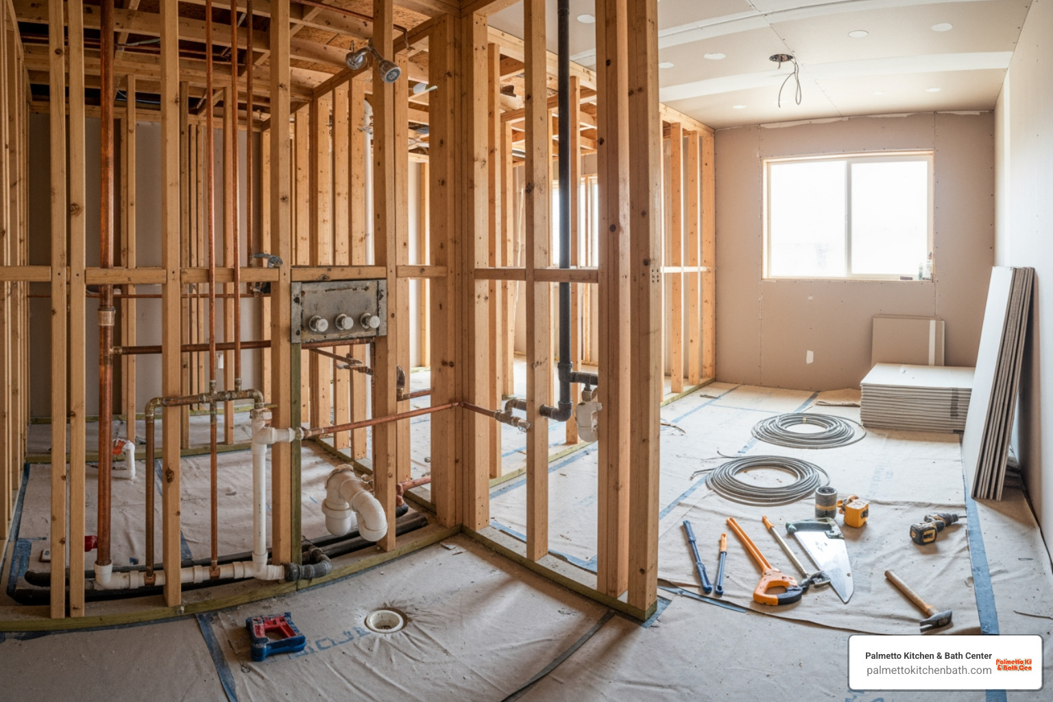 Bathroom mid-renovation showing plumbing and framework - Miami bathroom contractor