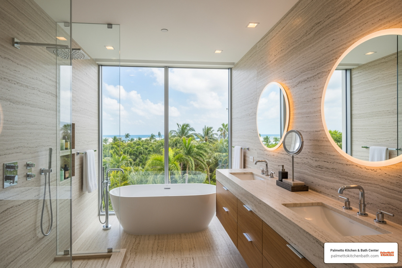 Bathroom with popular Miami design elements like natural stone and large windows - Miami bathroom contractor