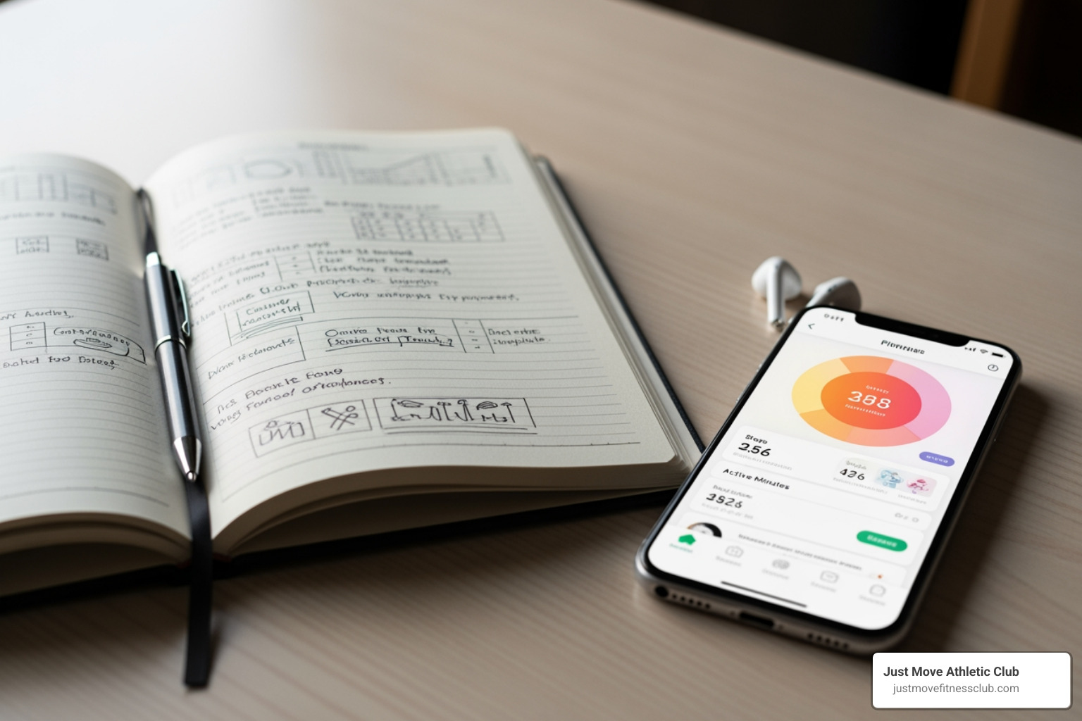 side-by-side of a physical notebook and a smartphone with a tracking app - how to track gym progress