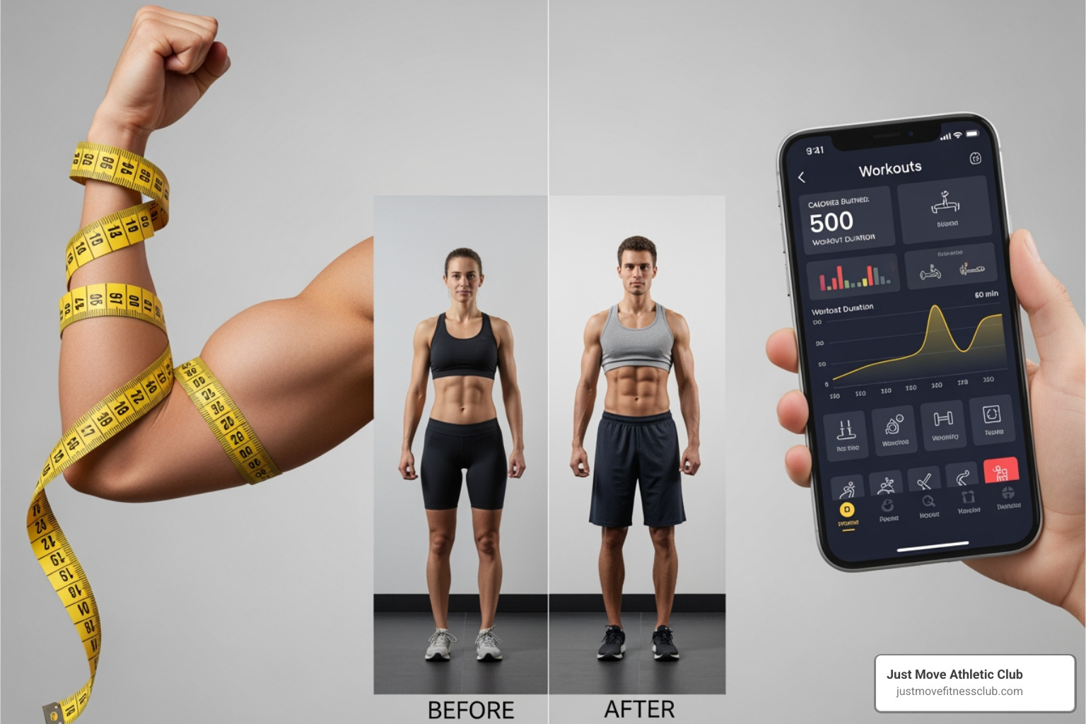 collage showing different tracking methods: a measuring tape on an arm, a progress photo, a workout app screen - how to track gym progress