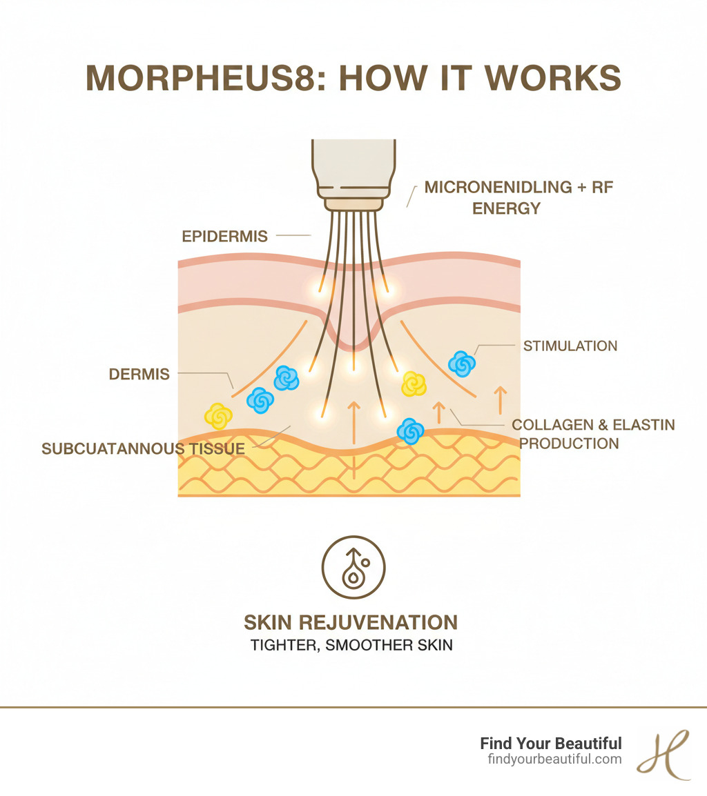 Infographic showing how Morpheus8 works with RF energy and microneedling penetrating skin layers to stimulate collagen and elastin production in the dermis and subcutaneous tissue - morpheus8 near me infographic Infographic showing how Morpheus8 works with RF energy and microneedling penetrating skin layers to stimulate collagen and elastin production in the dermis and subcutaneous tissue - morpheus8 near me infographic