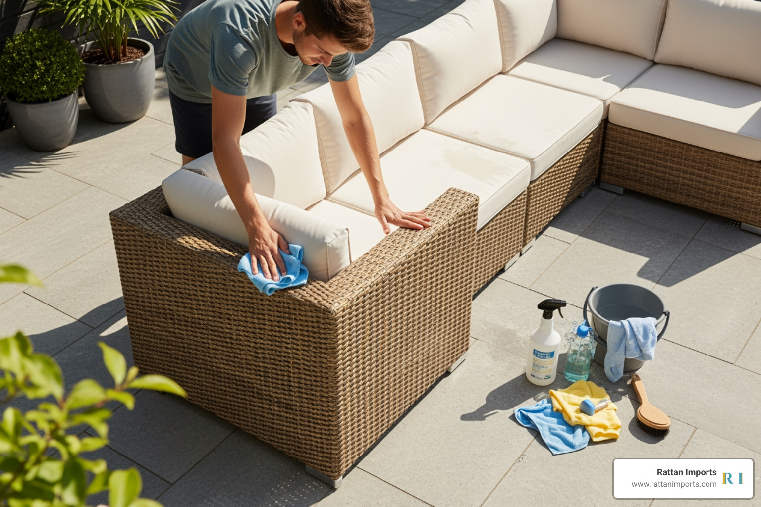 person wiping down a rattan sectional with a cloth, with cleaning supplies nearby. - Outdoor Rattan sectional