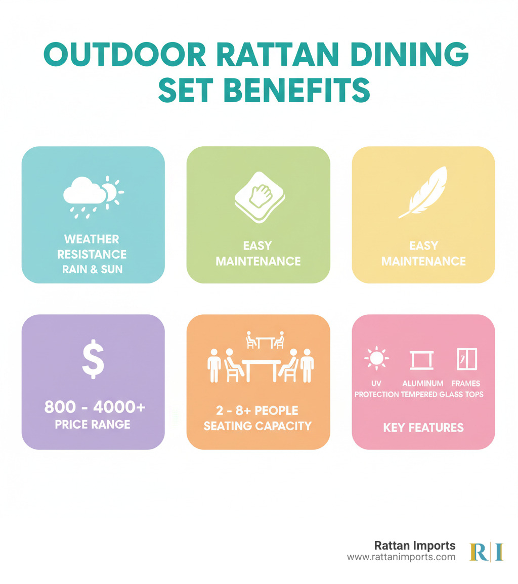 infographic showing outdoor rattan dining set benefits including weather resistance with rain and sun icons, easy maintenance with cleaning cloth icon, lightweight design with feather icon, various seating capacities from 2 to 8+ people, price ranges from $800 to $4000+, and key features like UV protection, aluminum frames, and tempered glass tops - Outdoor Rattan dining set infographic infographic showing outdoor rattan dining set benefits including weather resistance with rain and sun icons, easy maintenance with cleaning cloth icon, lightweight design with feather icon, various seating capacities from 2 to 8+ people, price ranges from $800 to $4000+, and key features like UV protection, aluminum frames, and tempered glass tops - Outdoor Rattan dining set infographic